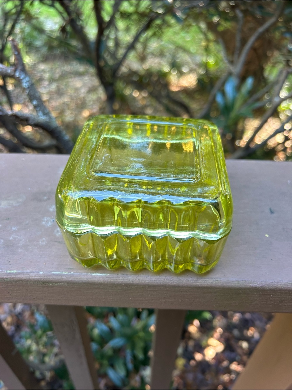 Anthropologie Yellow-Green Pressed Glass Trinket Box